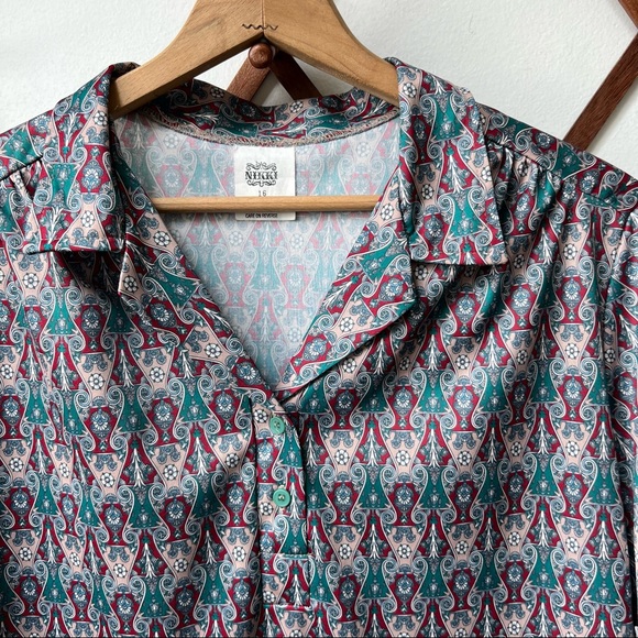 🍄3/$30 Vintage 1970’s Satin Vintage Patterned Short Sleeve Shirt Large - Picture 4 of 5
